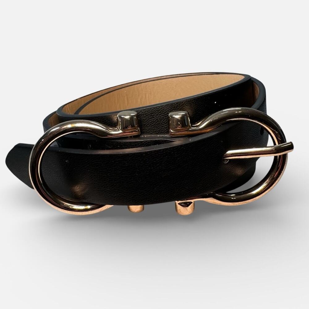 LP Blue Linea Pelle Black Faux Leather Belt Gold Buckle Size Small 40.5 inch